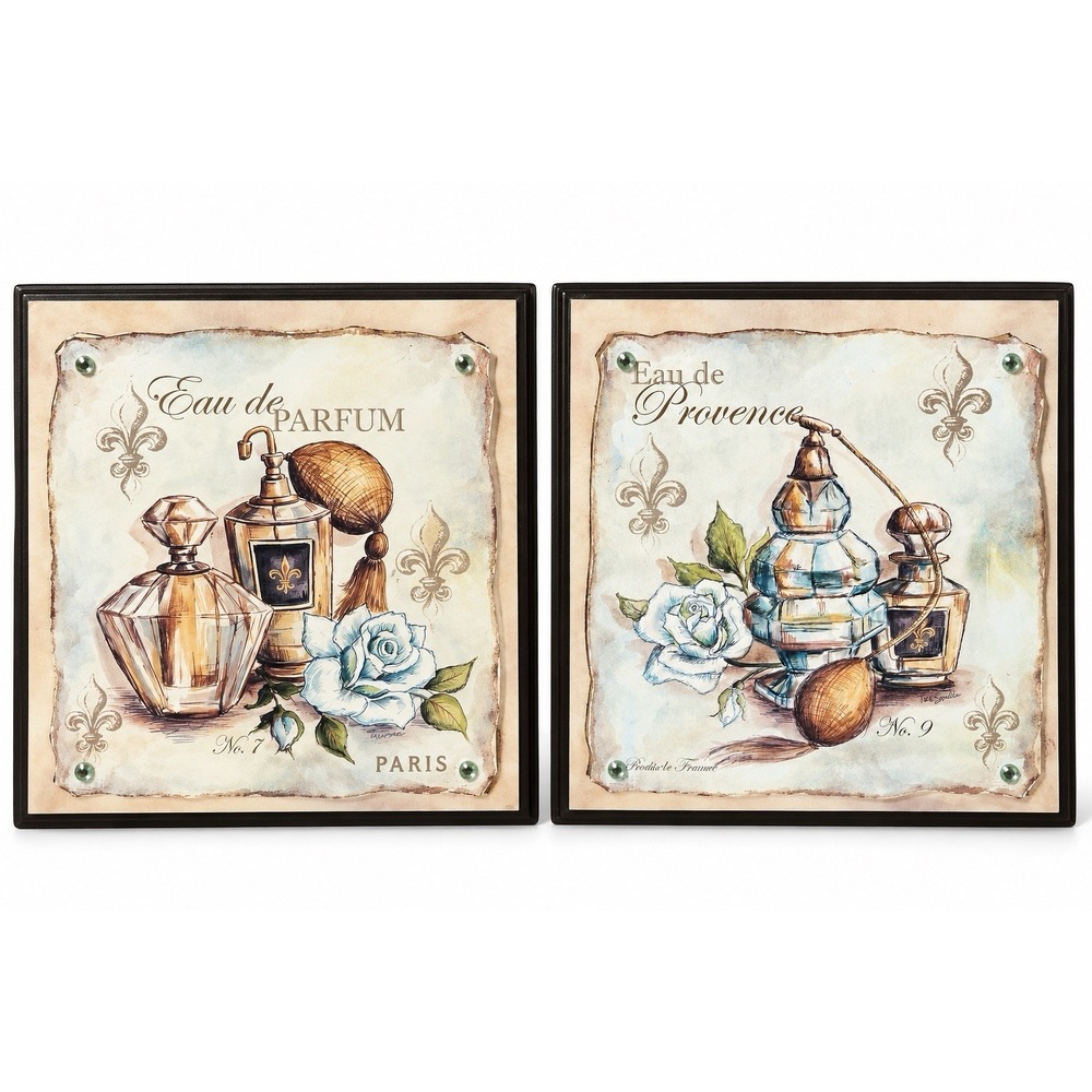 Set of 2 French Country Perfume Wall Plaques Eau de Provence Fleur de Lis 6x7